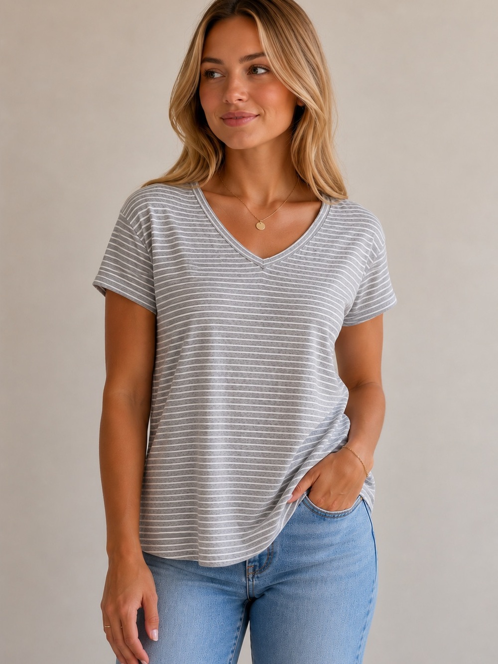 American Eagle Outfitters Light Gray & White Striped V-Neck Tee
